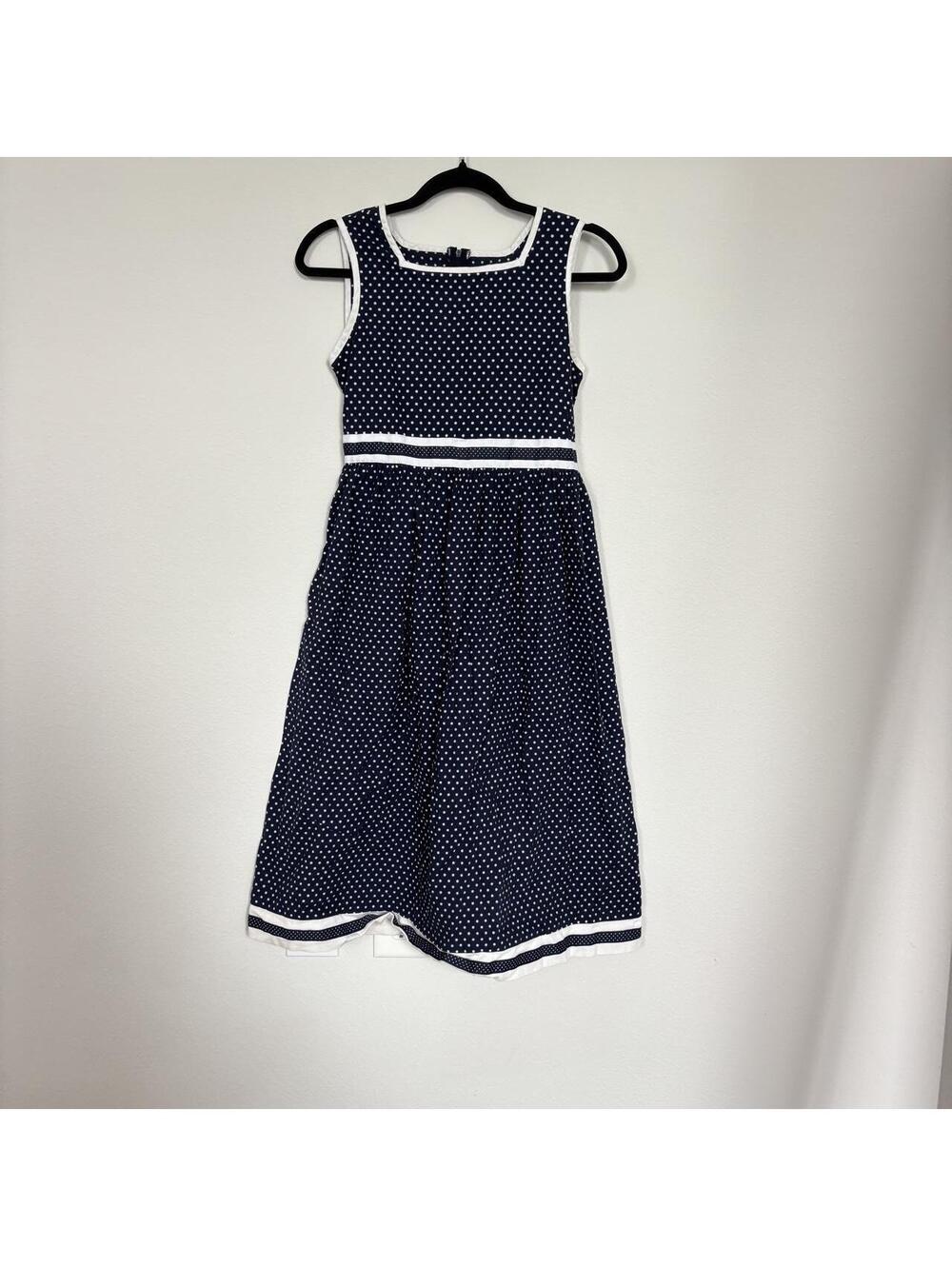 Vintage Navy Blue Polka Dot Dress White Trim Back Tie Fit Flare XS S